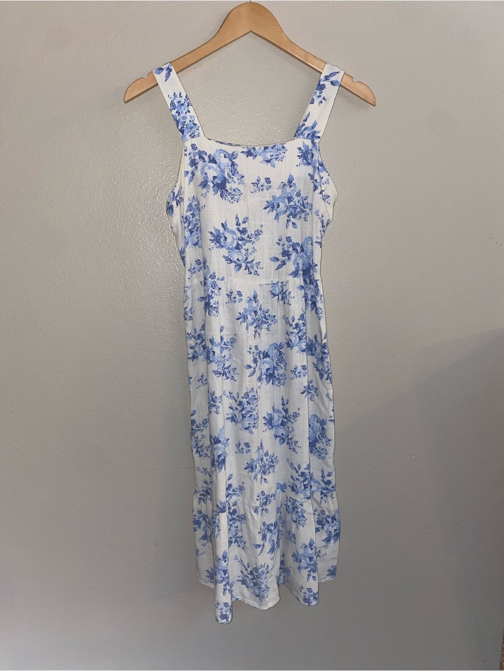 Monteau Los Angeles Blue & White Floral Linen-Blend Midi Dress Size L Coastal
